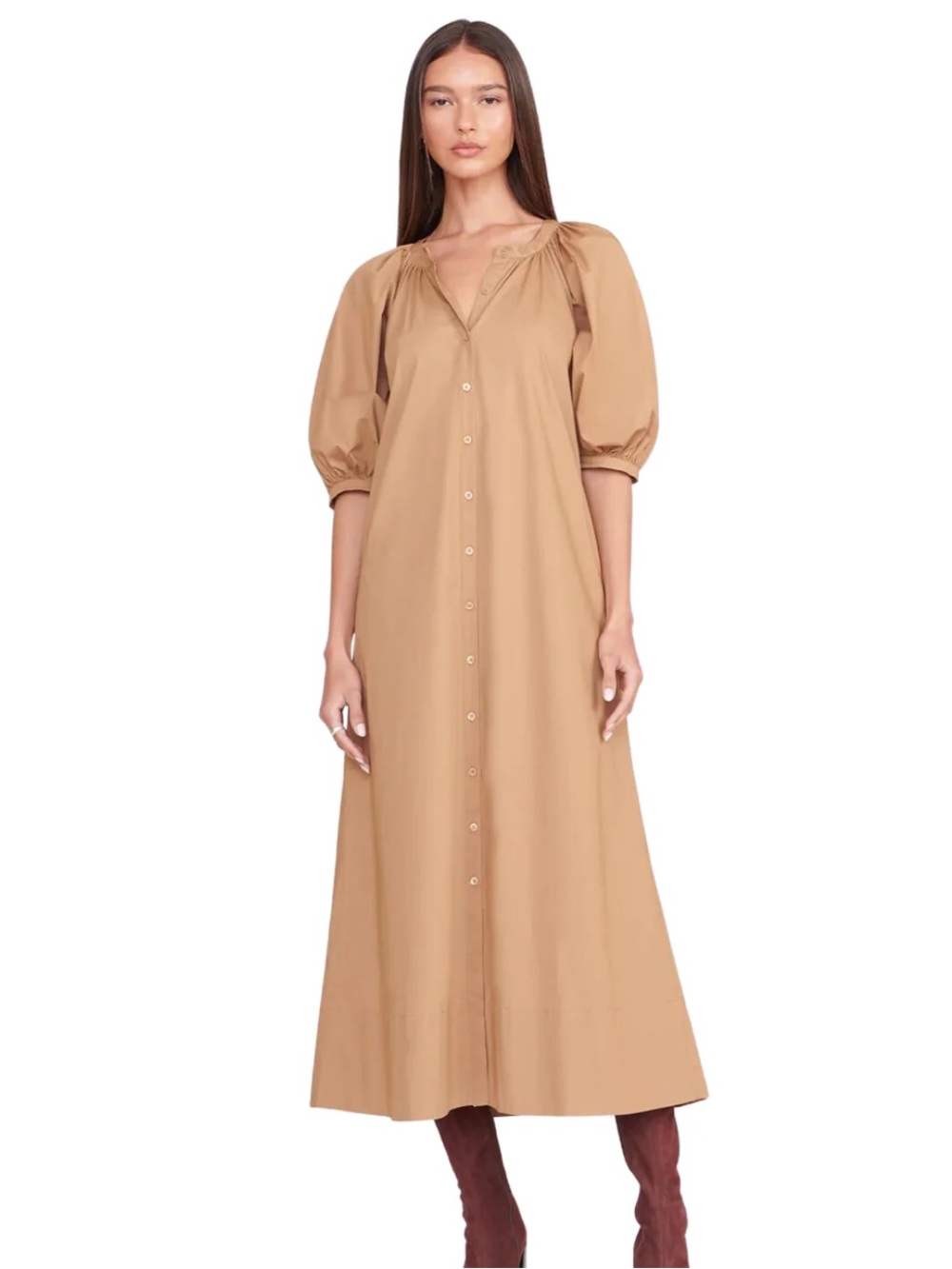 STAUD Vincent Tan Button-Front Puff-Sleeve Maxi Dress
